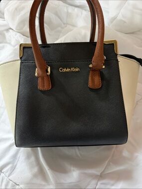 Calvin Klein Black, White & Brown Satchel with Gold Hardware